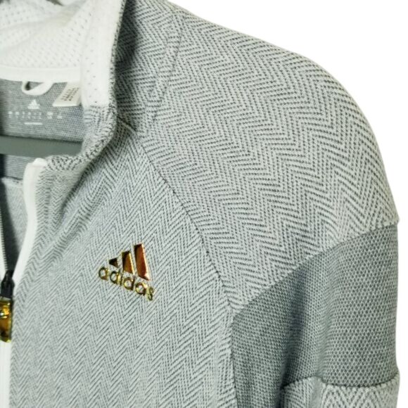 Adidas Men's L Gray & White Full Zip Jacket With Gold Logo‎ Stretchy Lightweight - Picture 12 of 14